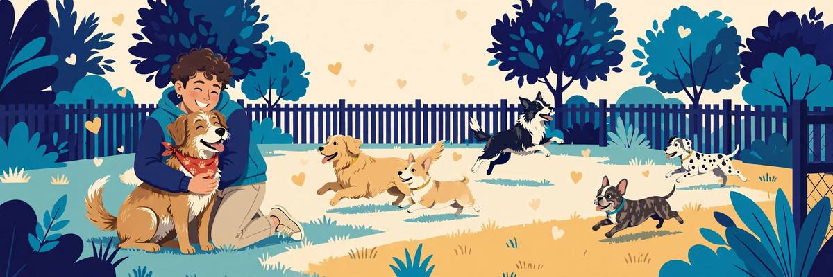 Illustration of a joyful dog adoption day with a person hugging a rescued dog