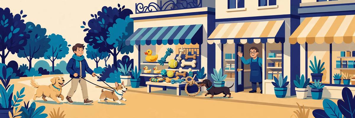 Illustration of a dog owner walking two leashed dogs past welcoming storefronts