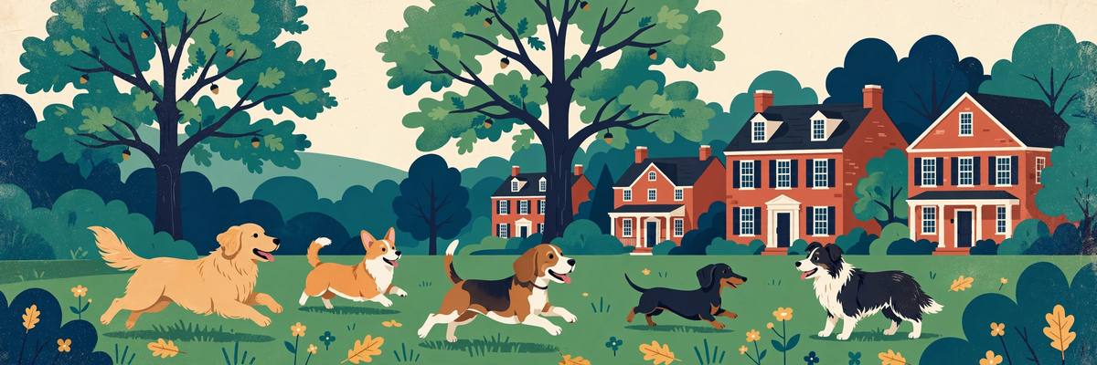 Illustration of dogs playing in a leafy Arlington park