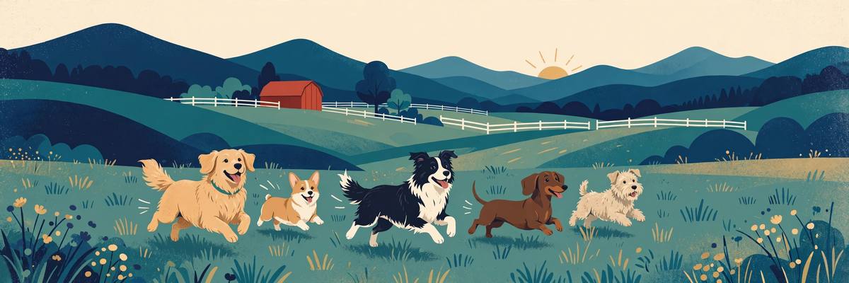 Illustration of dogs running in a Loudoun County field