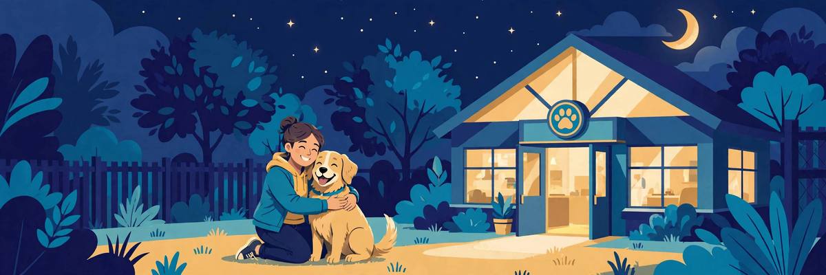Illustration of a dog owner hugging their dog outside a warmly lit veterinary clinic at night