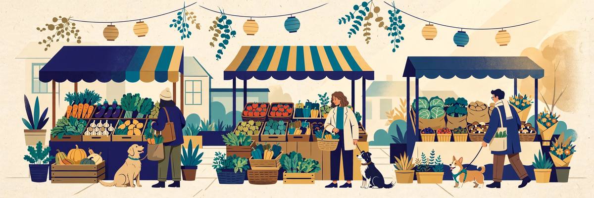Illustration of a farmers market with shoppers and dogs