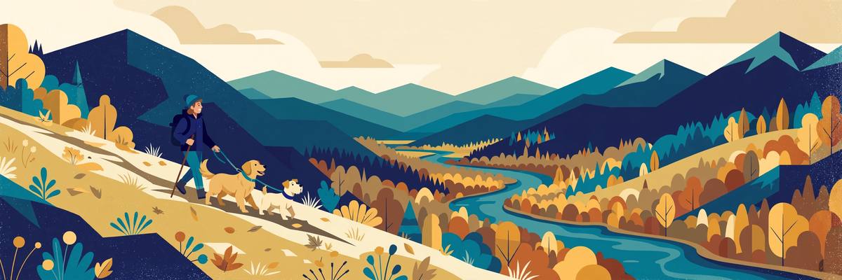 Illustration of a hiker with dogs overlooking a river valley