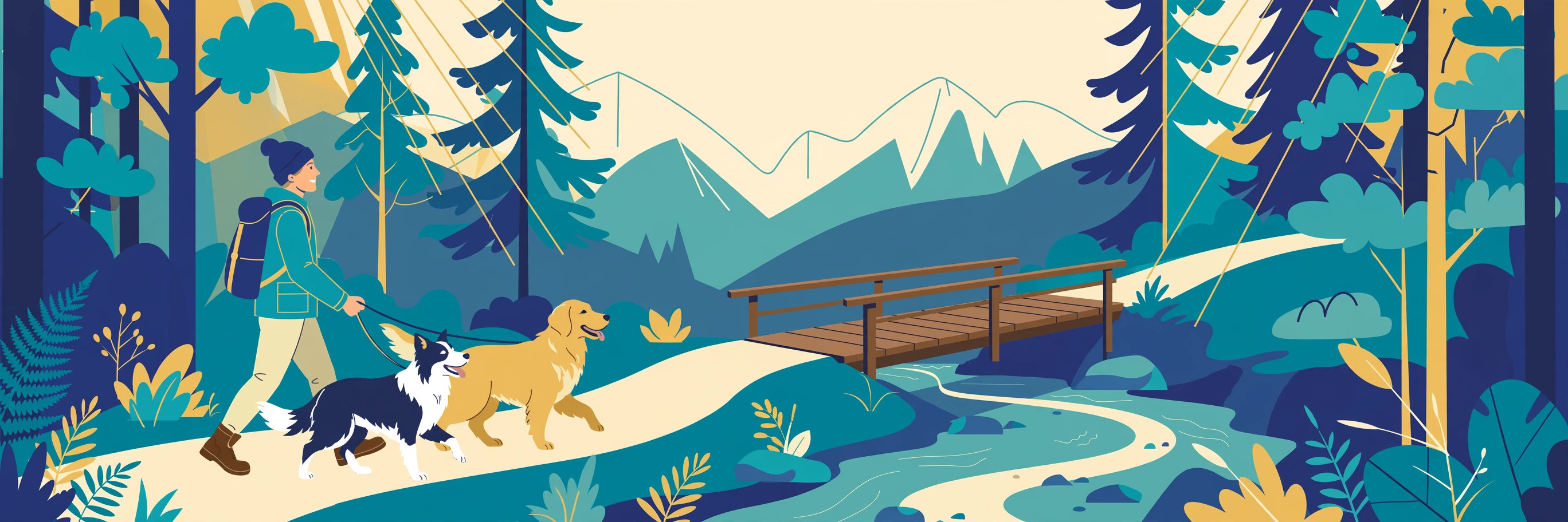 Illustration of a leashed dog hiking a wooded Northern Virginia trail with its owner