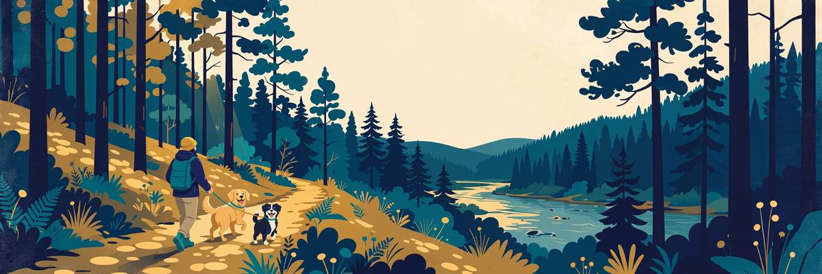 Illustration of a hiker with two dogs on a forest trail