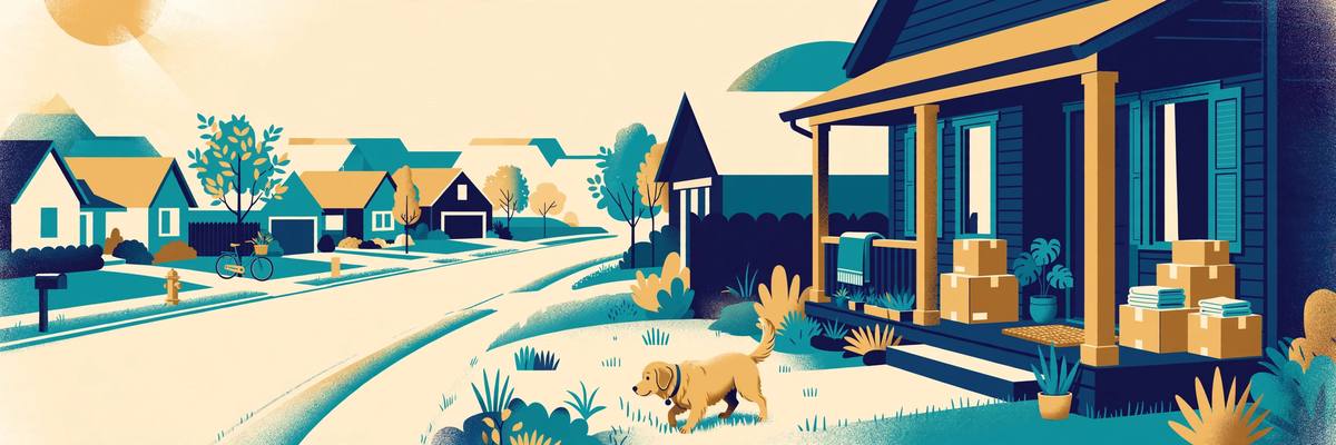 Illustration of a dog exploring a new home's front yard