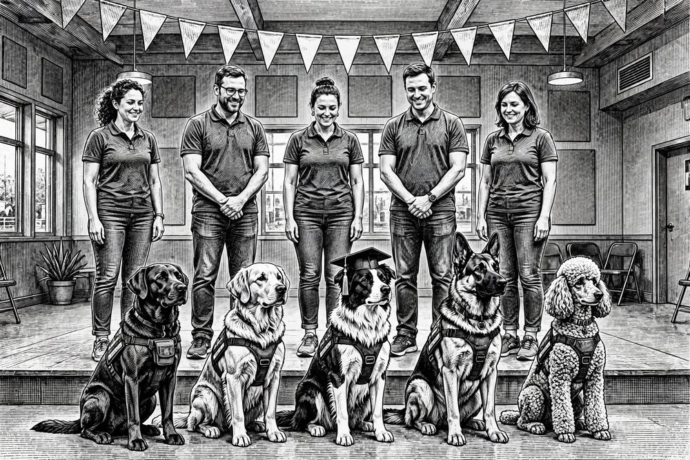 Ink illustration: service dogs seated in a row beside their veteran handlers at a graduation ceremony