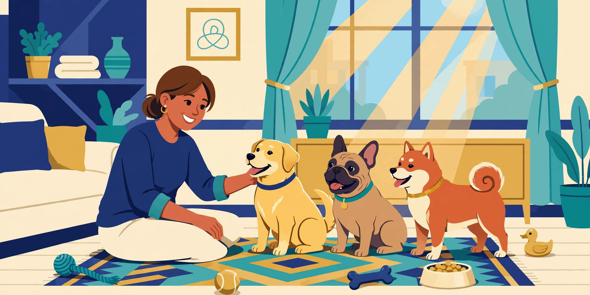 Illustration of a young puppy being cared for, surrounded by puppy supplies
