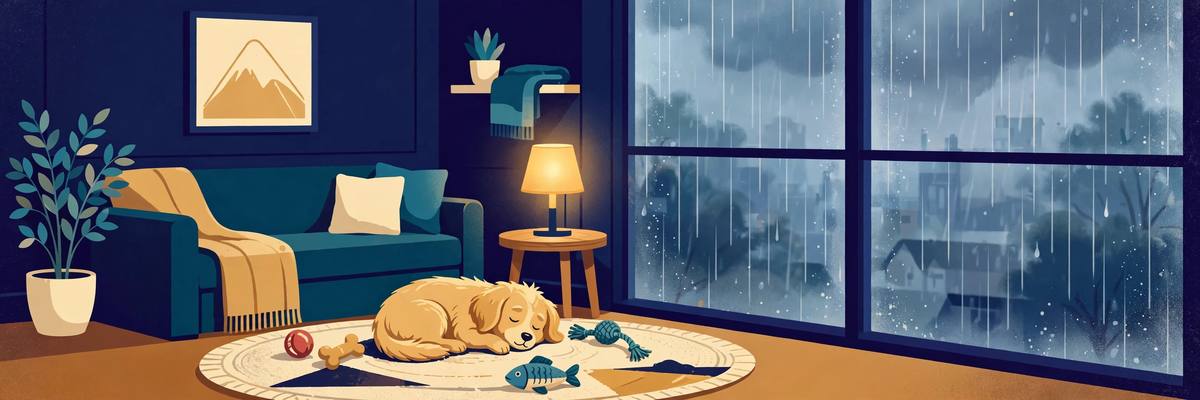 Illustration of a dog napping indoors on a rainy day