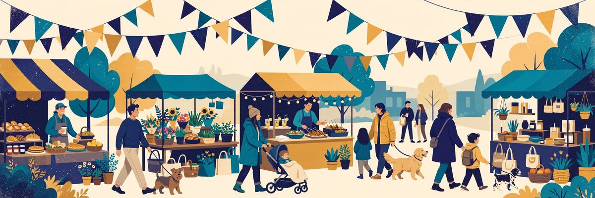 Illustration of an outdoor festival with dogs on leashes